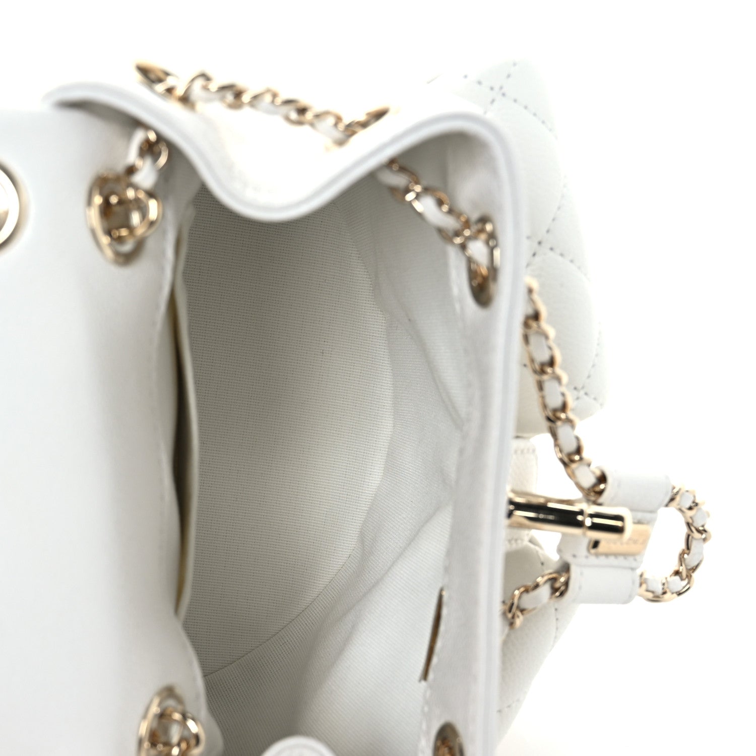 Shiny Caviar Quilted Small Duma Pockets Drawstring Backpack White