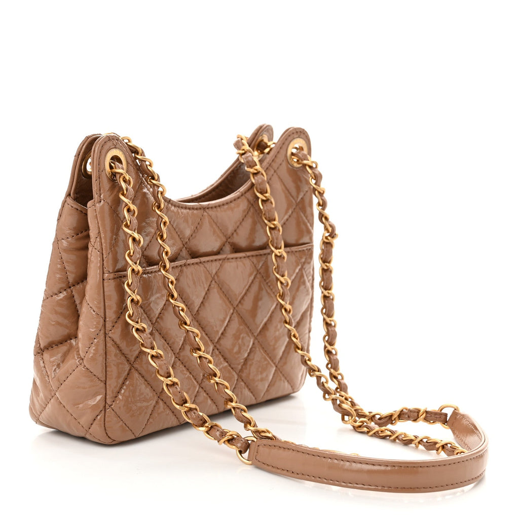 Shiny Crumpled Calfskin Quilted Small Wavy CC Hobo Dark Beige