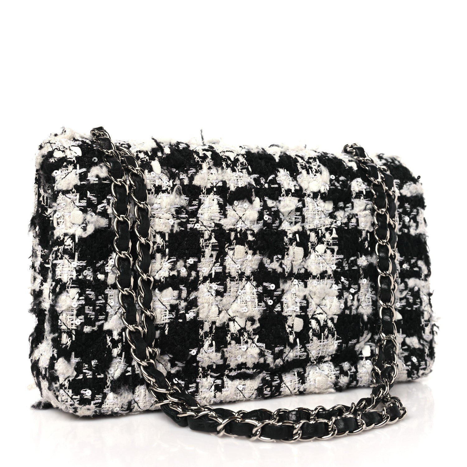 Tweed Quilted Medium Double Flap Black Ecru White