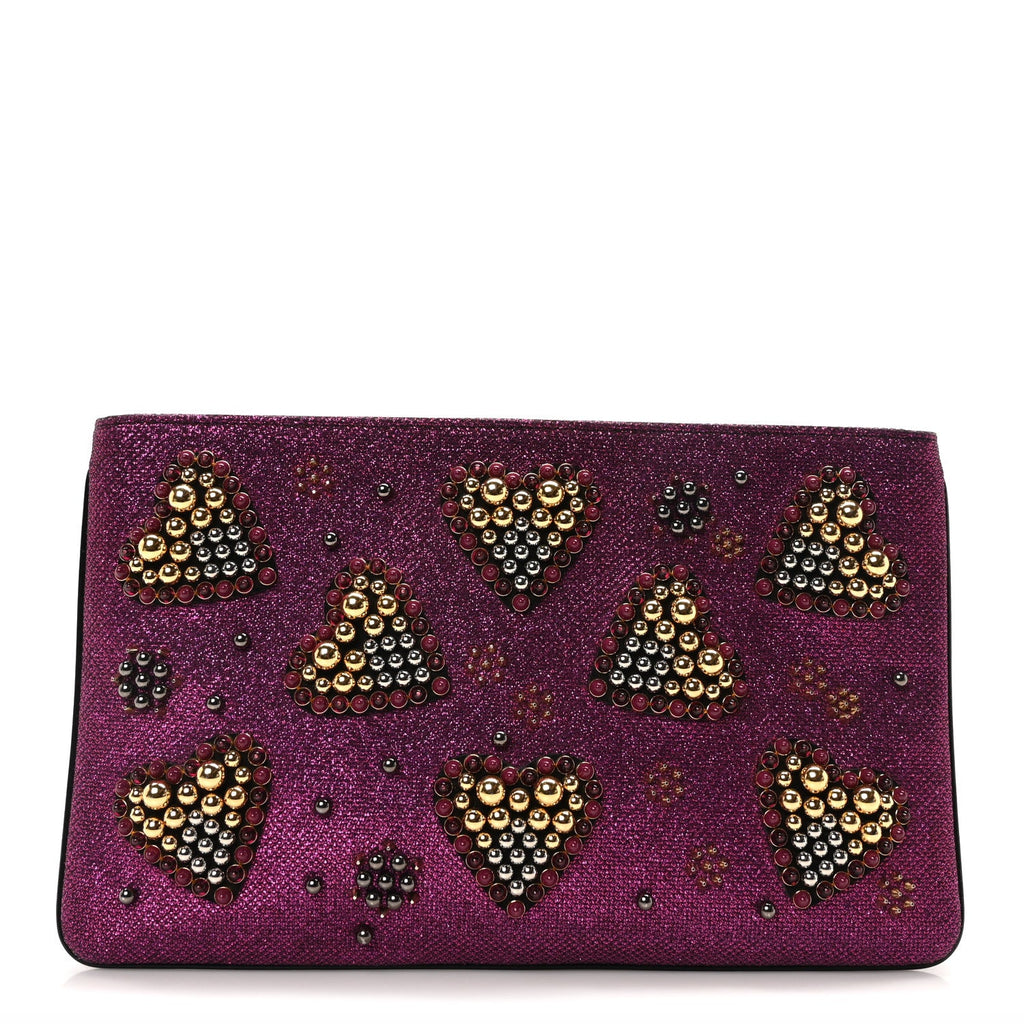 Metallic Raffia Studded Loubiposh Chain Clutch Magenta