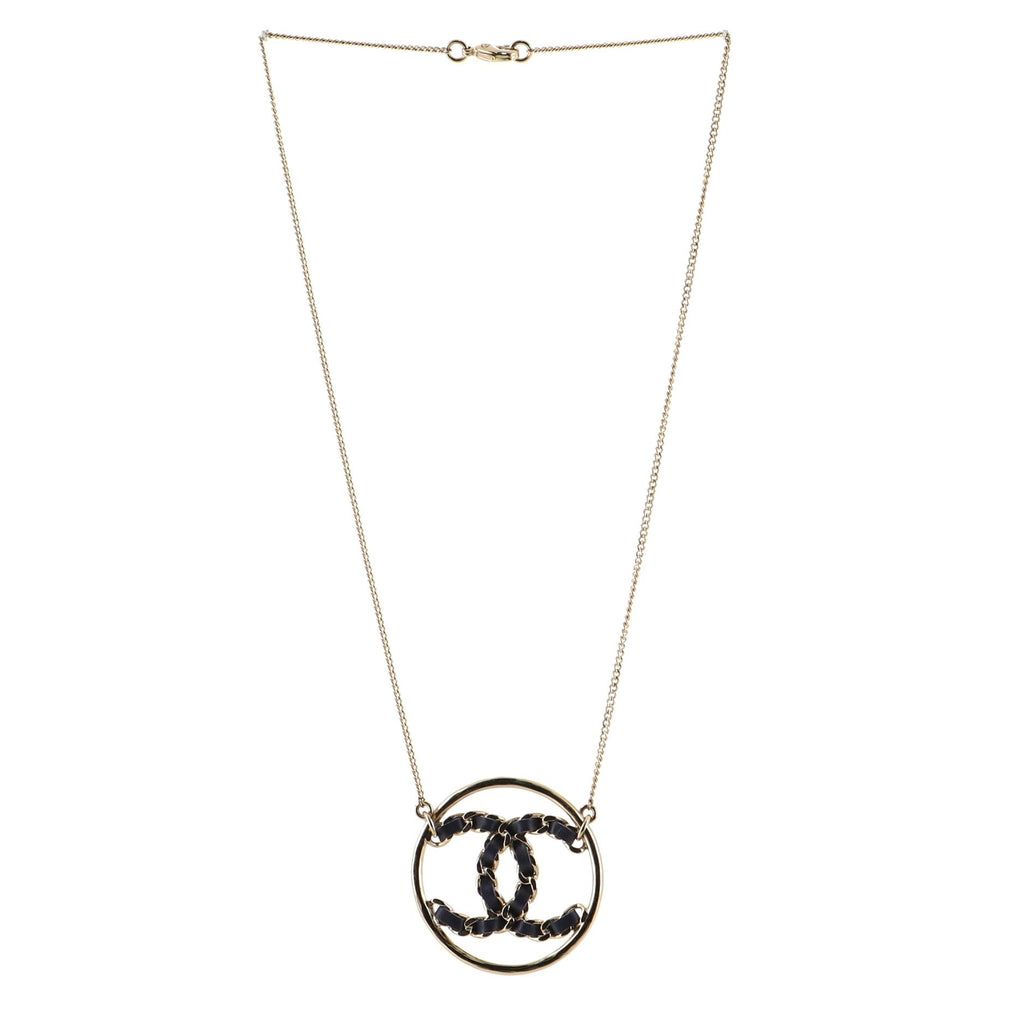 CC Circle Pendant Necklace Metal with Leather