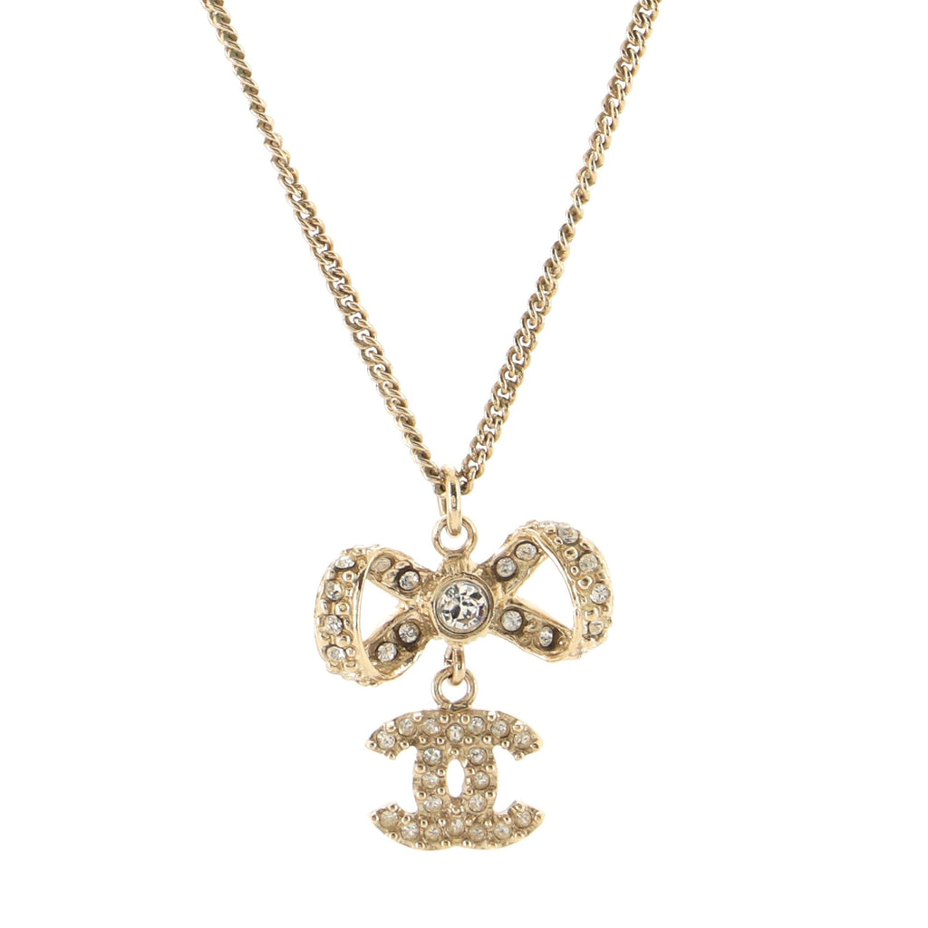 Dangling CC Ribbon Pendant Necklace Metal with Rhinestones