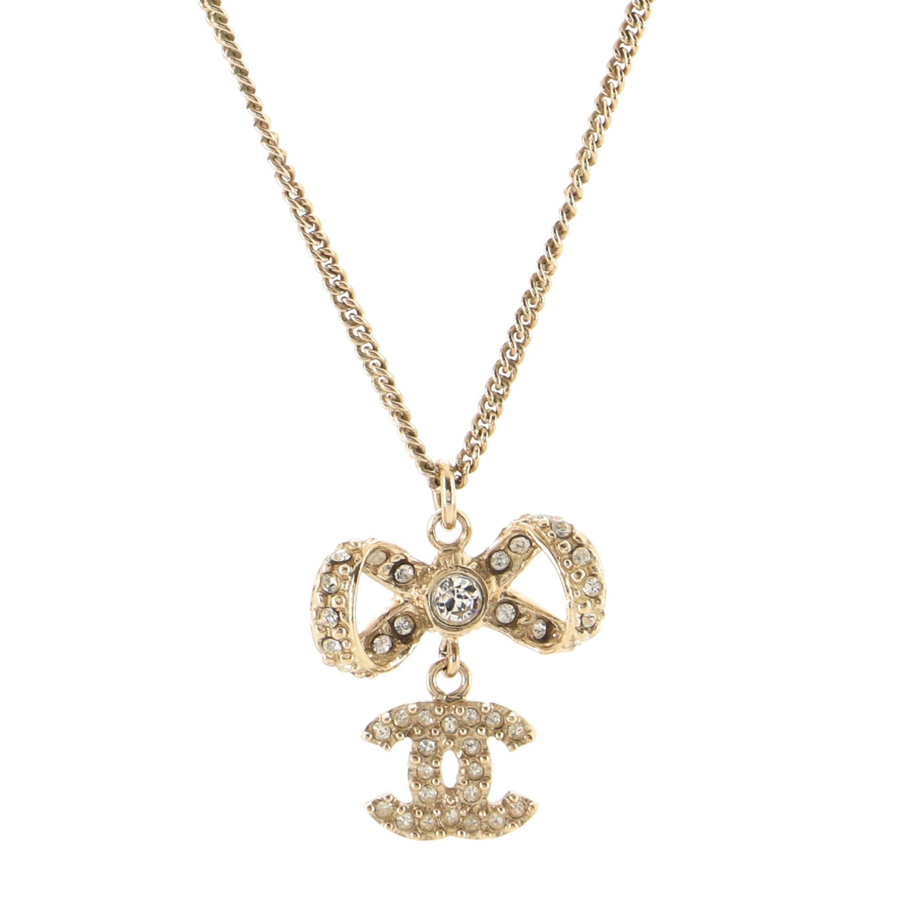 Dangling CC Ribbon Pendant Necklace Metal with Rhinestones