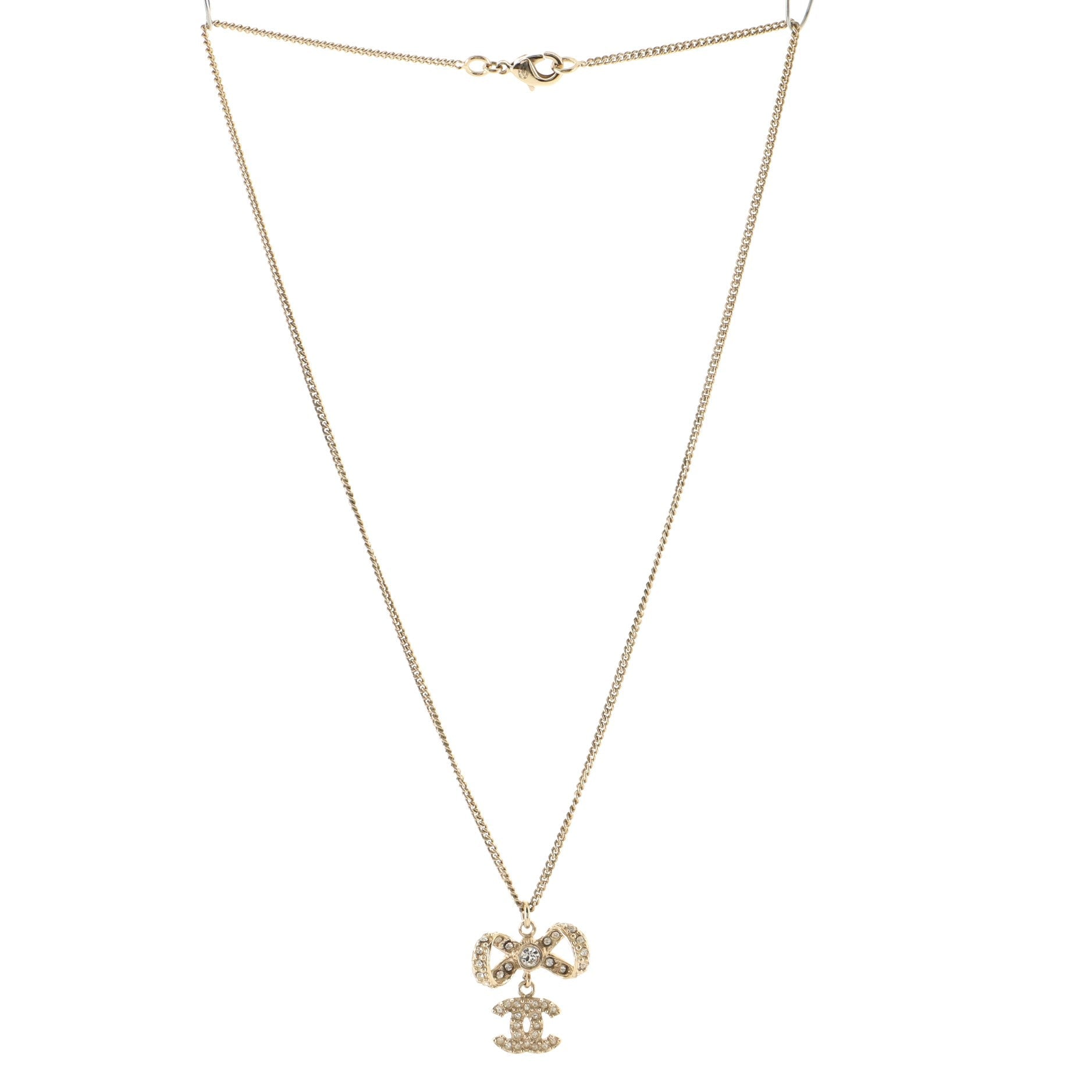 Dangling CC Ribbon Pendant Necklace Metal with Rhinestones