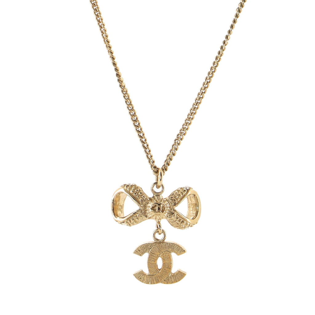 Dangling CC Ribbon Pendant Necklace Metal with Rhinestones