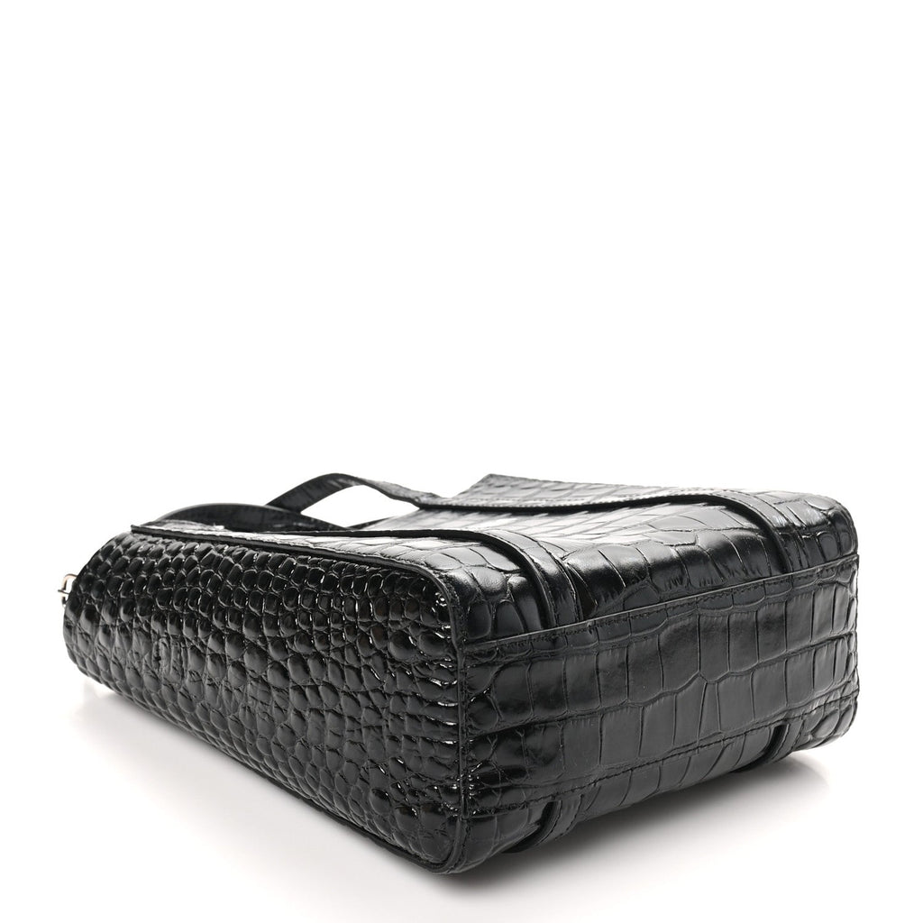 Shiny Calfskin Logo Crocodile Embossed XXS Everyday Tote Black