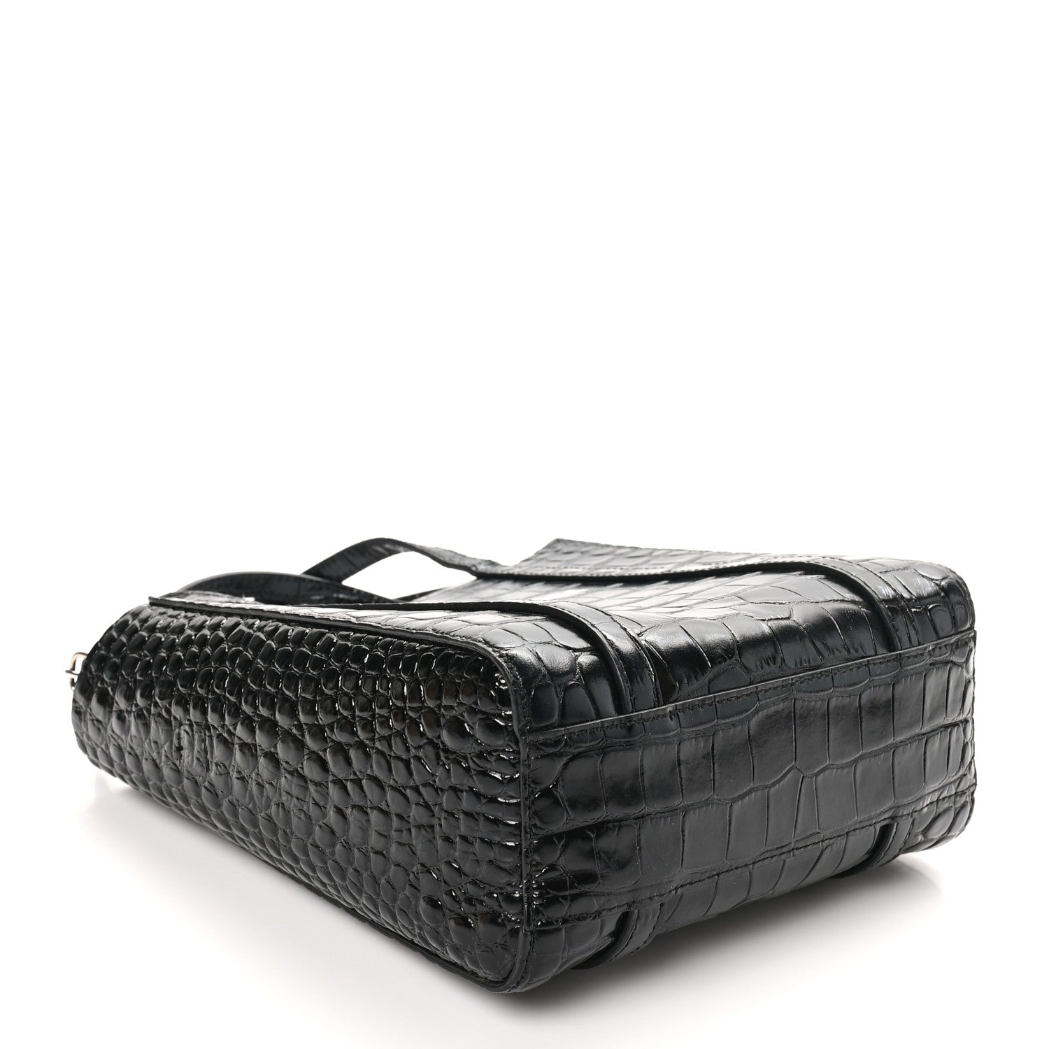 Shiny Calfskin Logo Crocodile Embossed XXS Everyday Tote Black