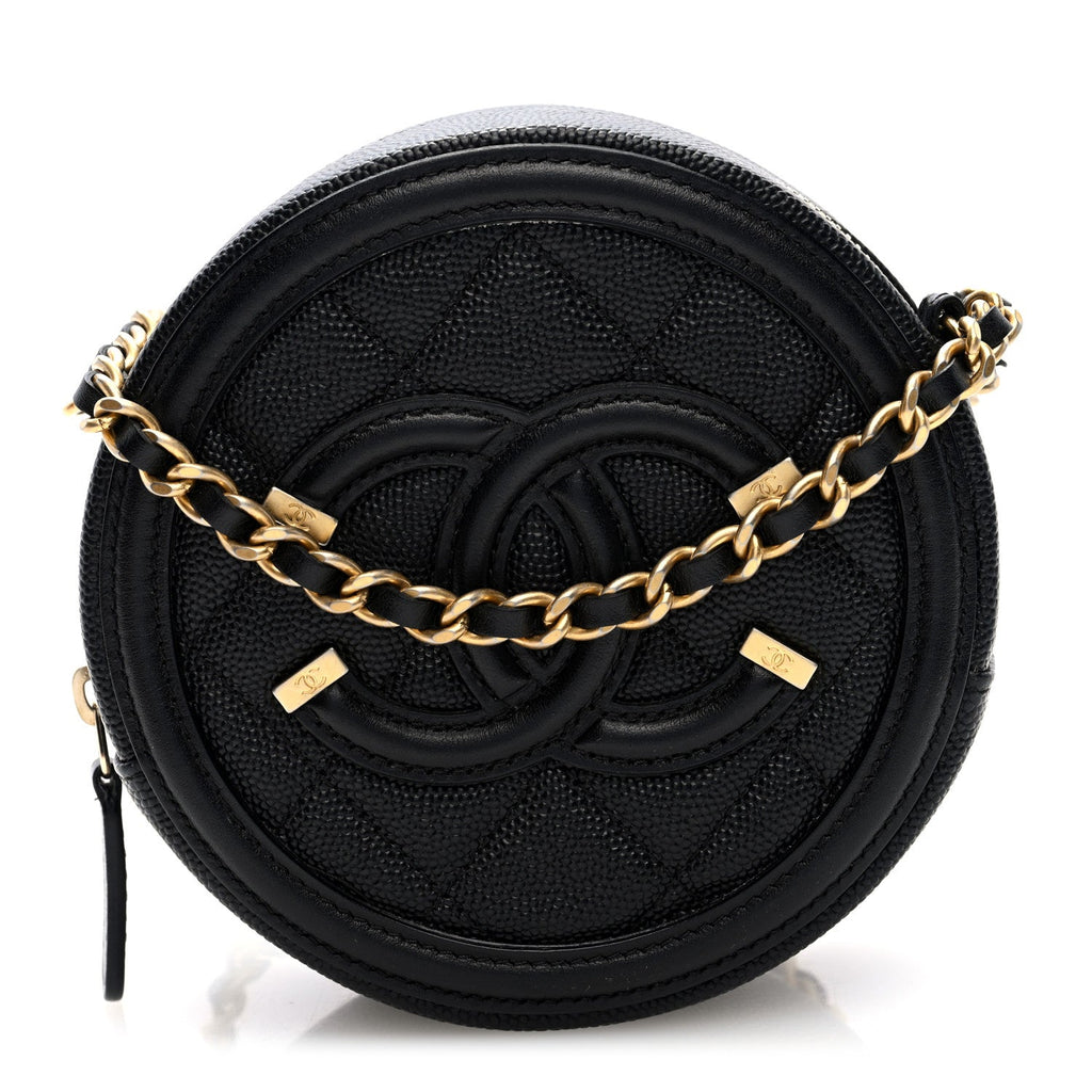 Caviar Quilted Round Filigree Crossbody Black