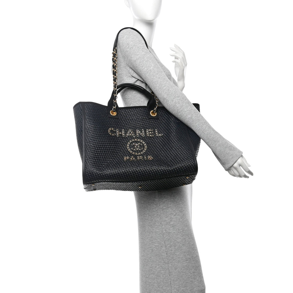 Straw Raffia Calfskin Chain Medium Deauville Tote Black