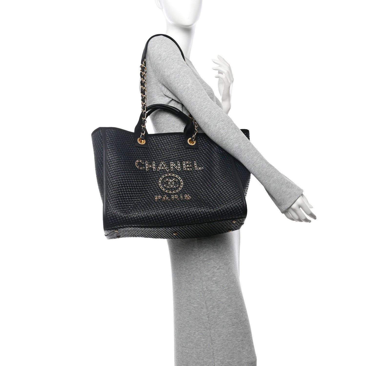 Straw Raffia Calfskin Chain Medium Deauville Tote Black
