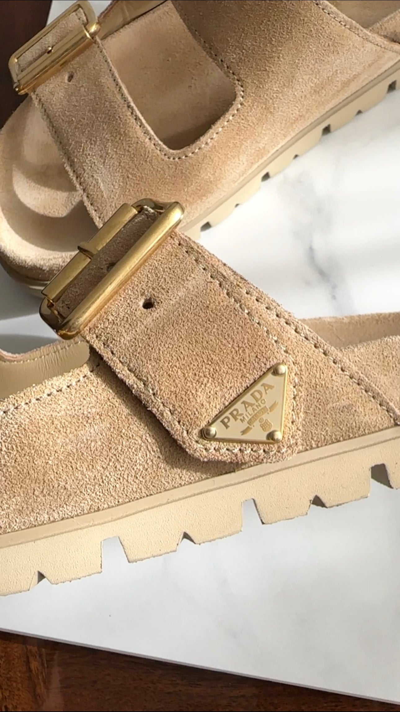 Prada Double Buckle Beige Suede Flat Slide Sandals - 36.5 (fits like 37)
