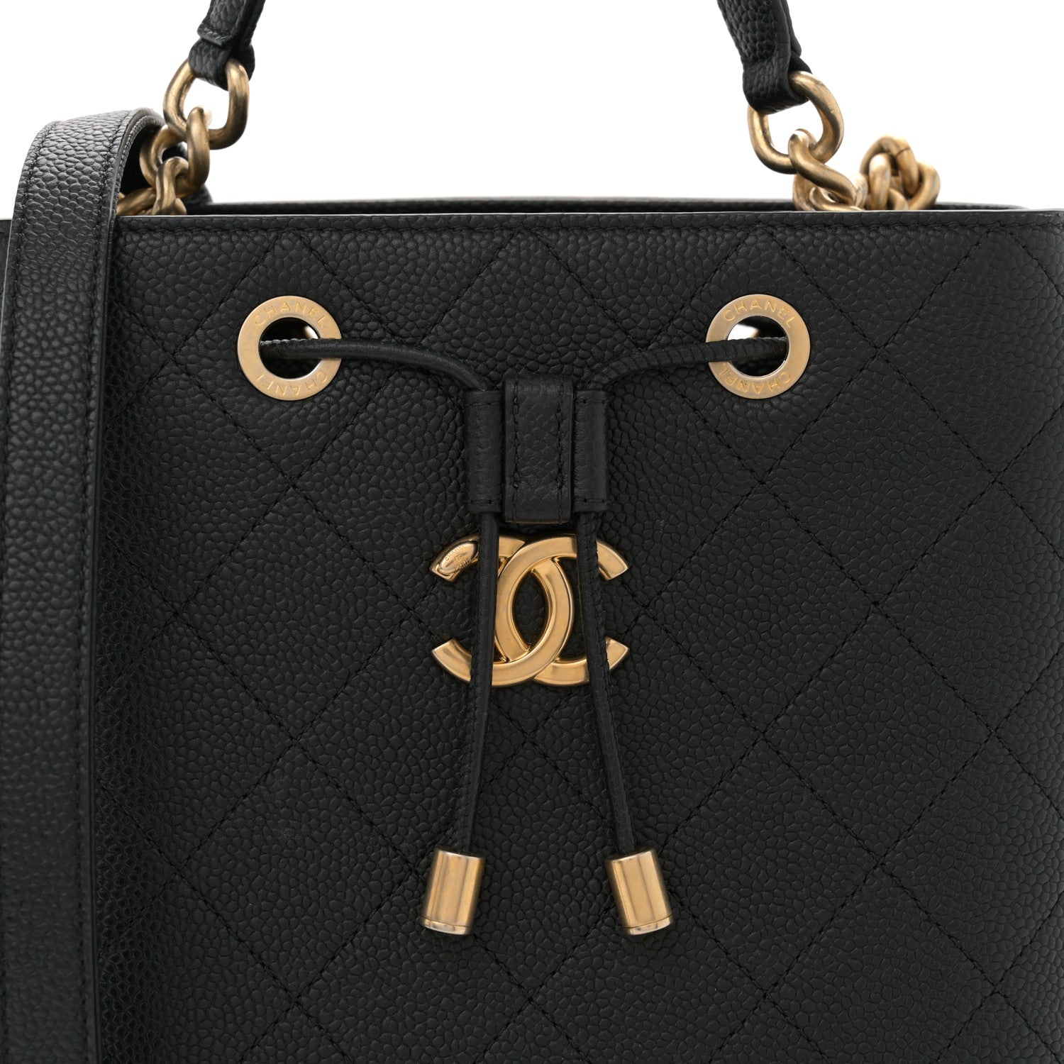 Grained Calfskin Stitched Small Drawstring Bag Black