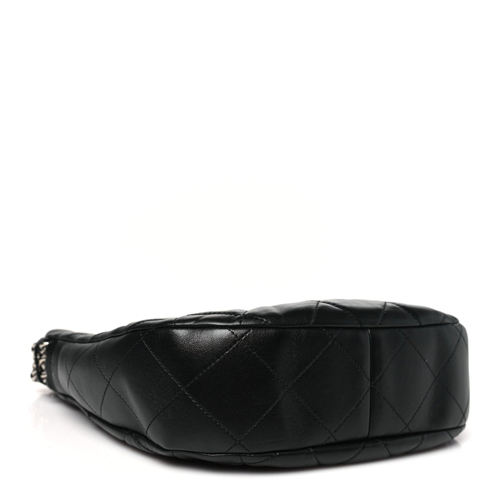 Lambskin Chain Rows Quilted Chain Hobo Black