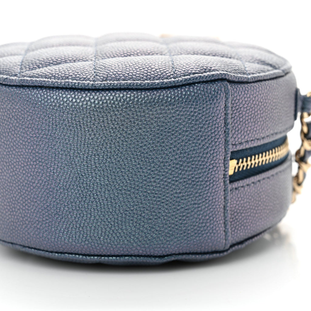Iridescent Caviar Quilted Round Clutch With Chain Blue