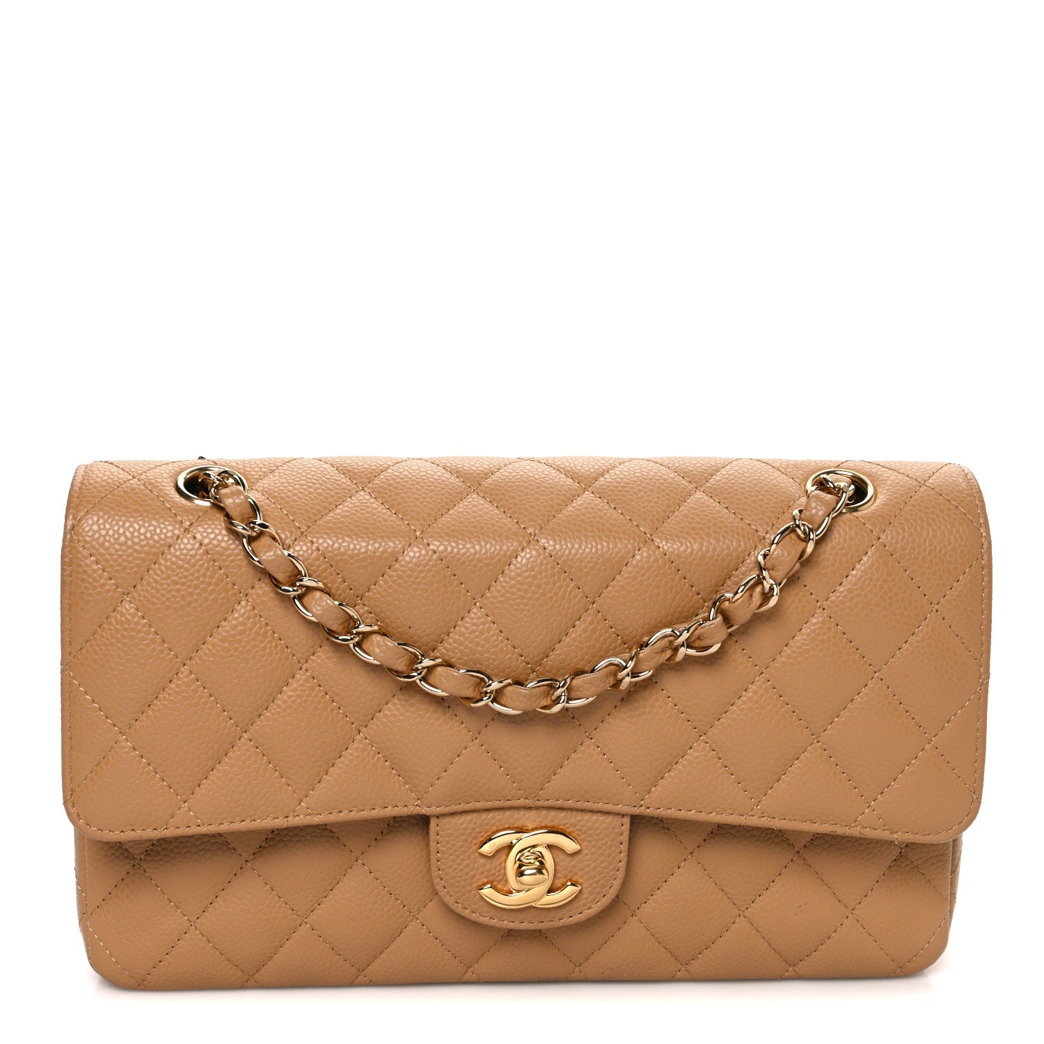Caviar Quilted Medium Double Flap Beige