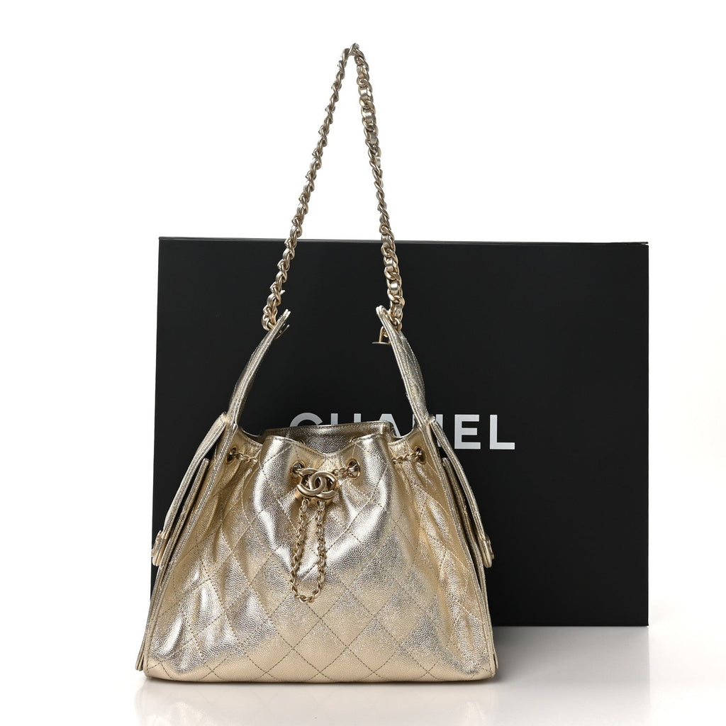 Metallic Caviar Quilted Small Chanel 25 Hobo Gold