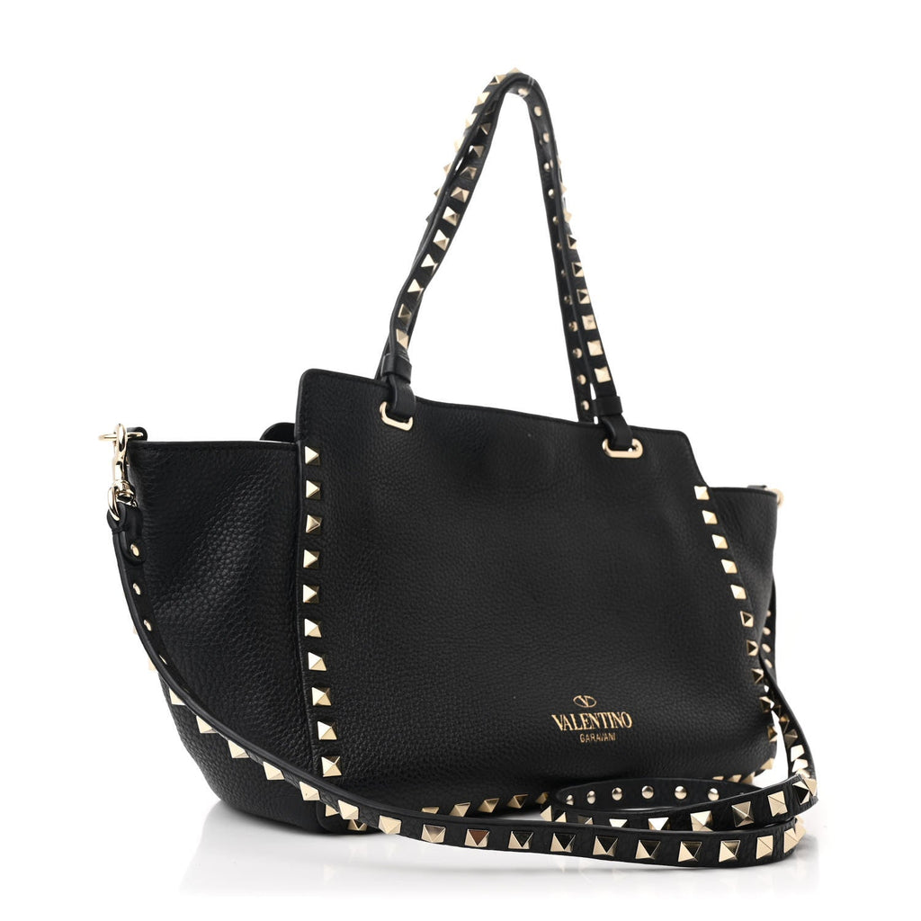 Grained Calfskin Small Rockstud Tote Black