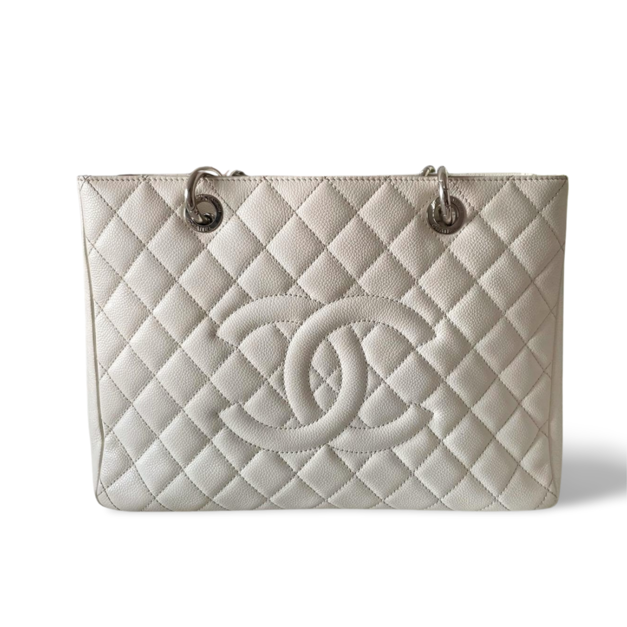 Chanel Medium White Grand Shopping Tote bag in Caviar Leather with silver Hardware