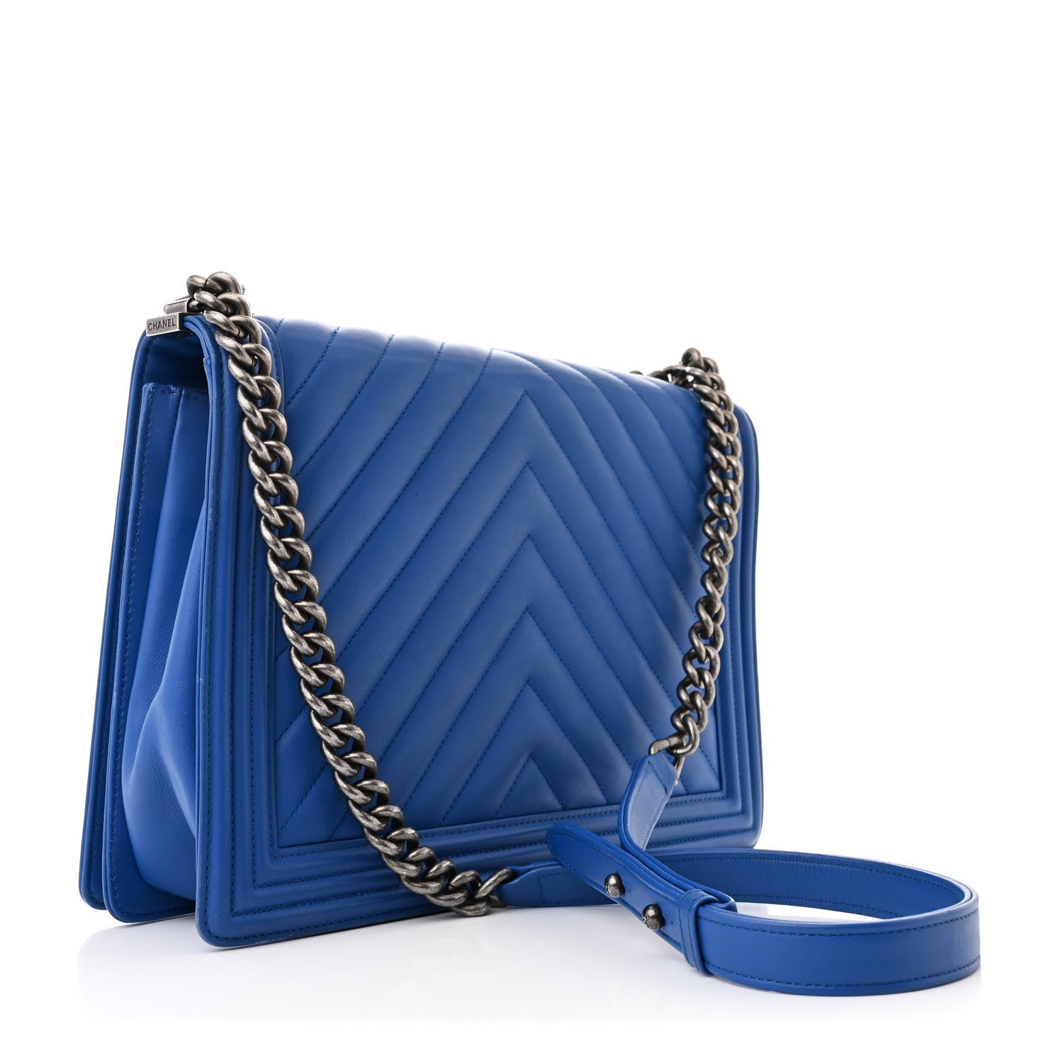 Calfskin Chevron Quilted Large Boy Flap Blue