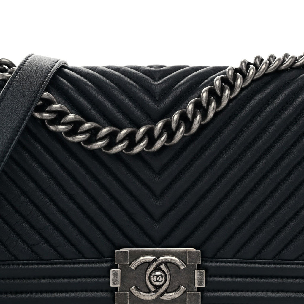 Calfskin Chevron Quilted Medium Boy Flap Navy Blue