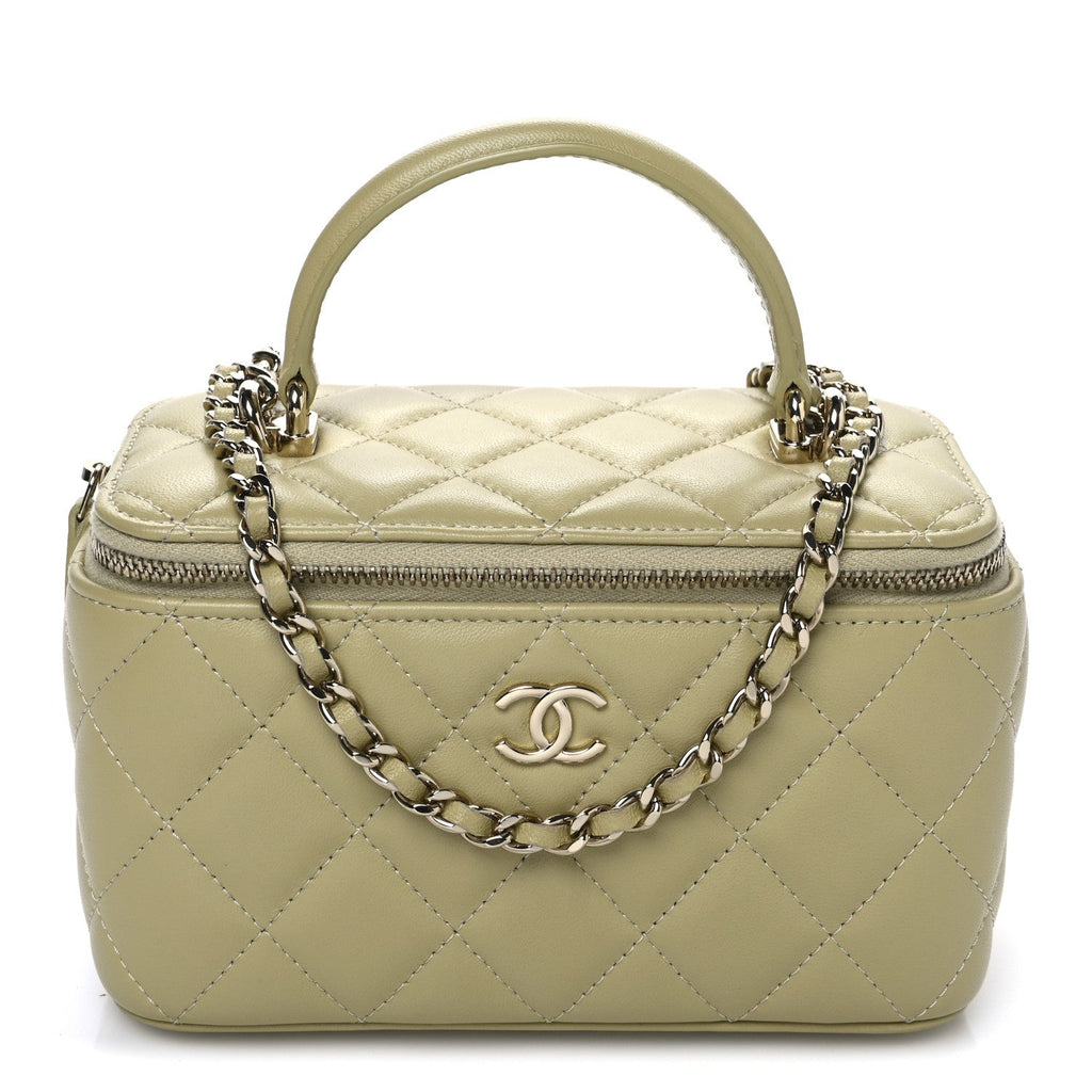 Lambskin Quilted Small Top Handle Vanity Case With Chain Light Green