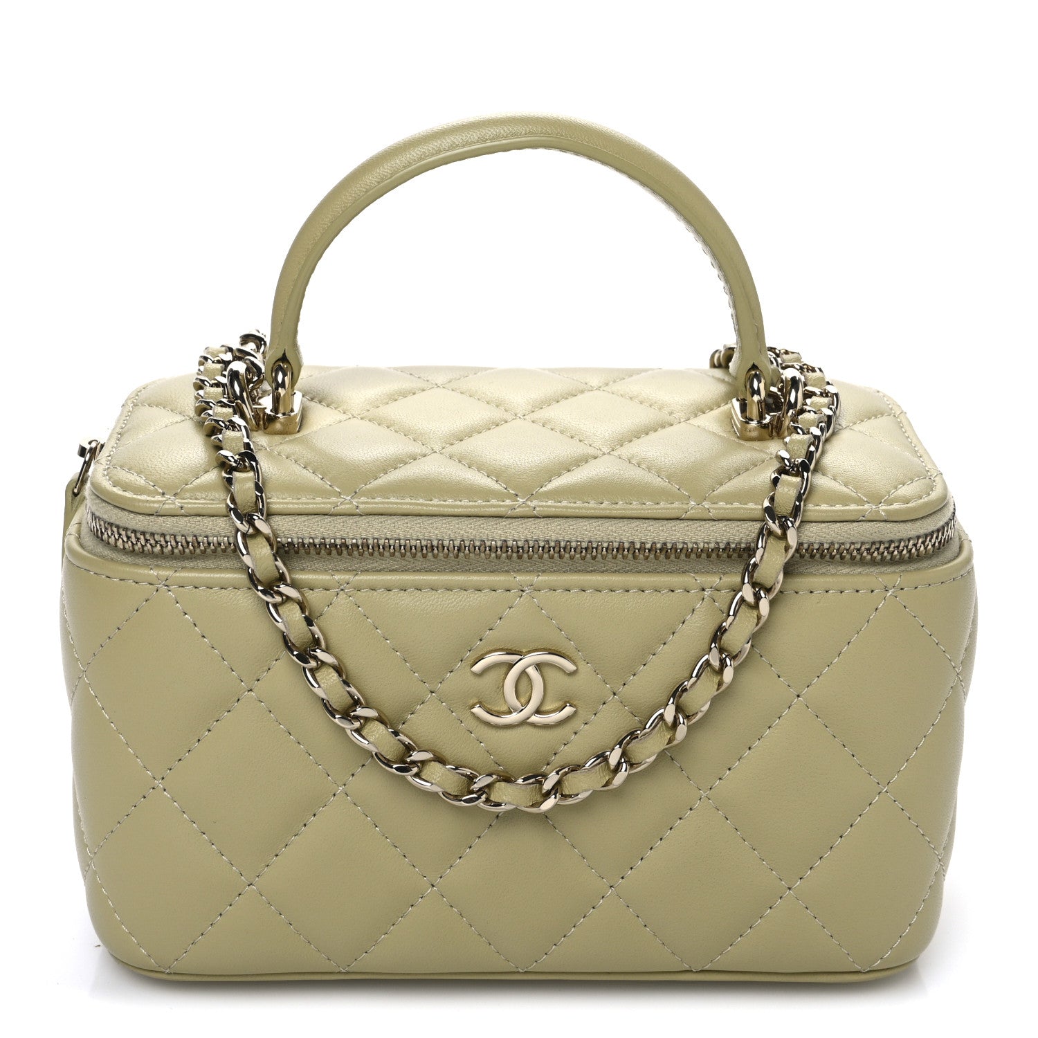 Lambskin Quilted Small Top Handle Vanity Case With Chain Light Green