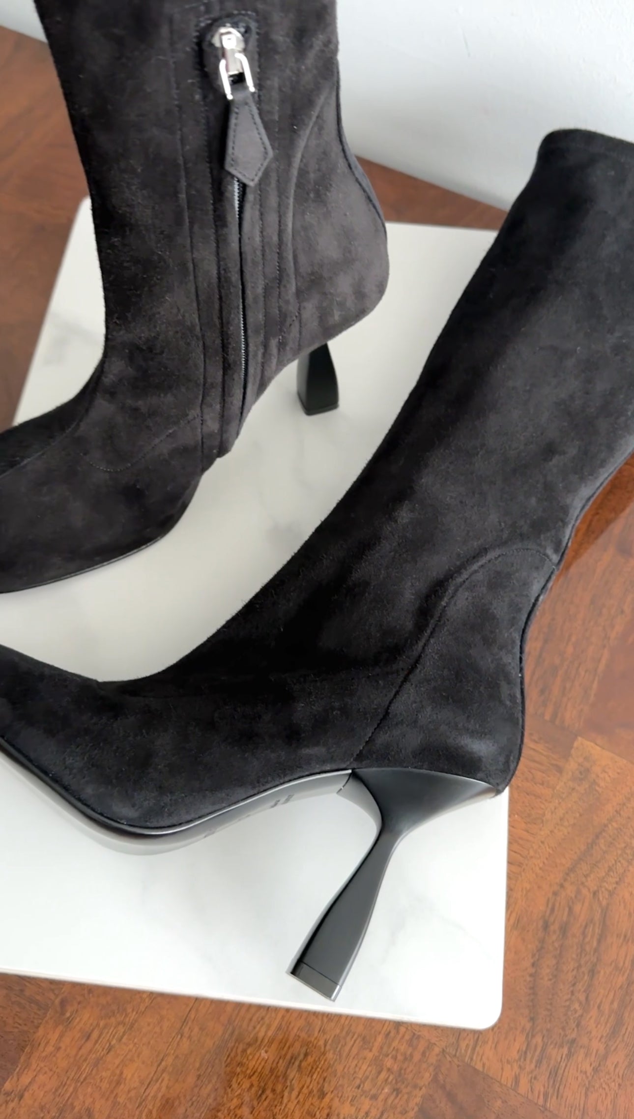 Hermes Black Suede High Heel Mid Halo Boot - 37
