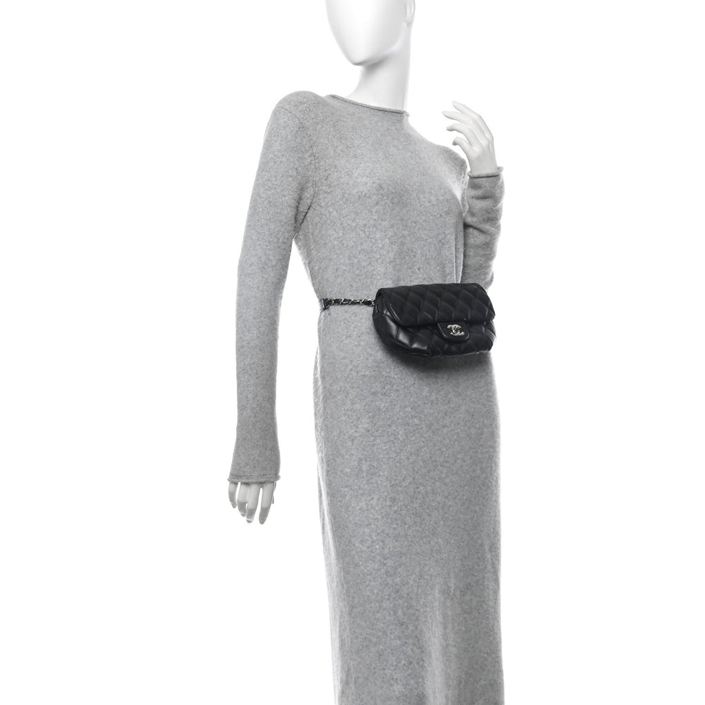 Calfskin Quilted CC Uniform Flap Belt Bag Black