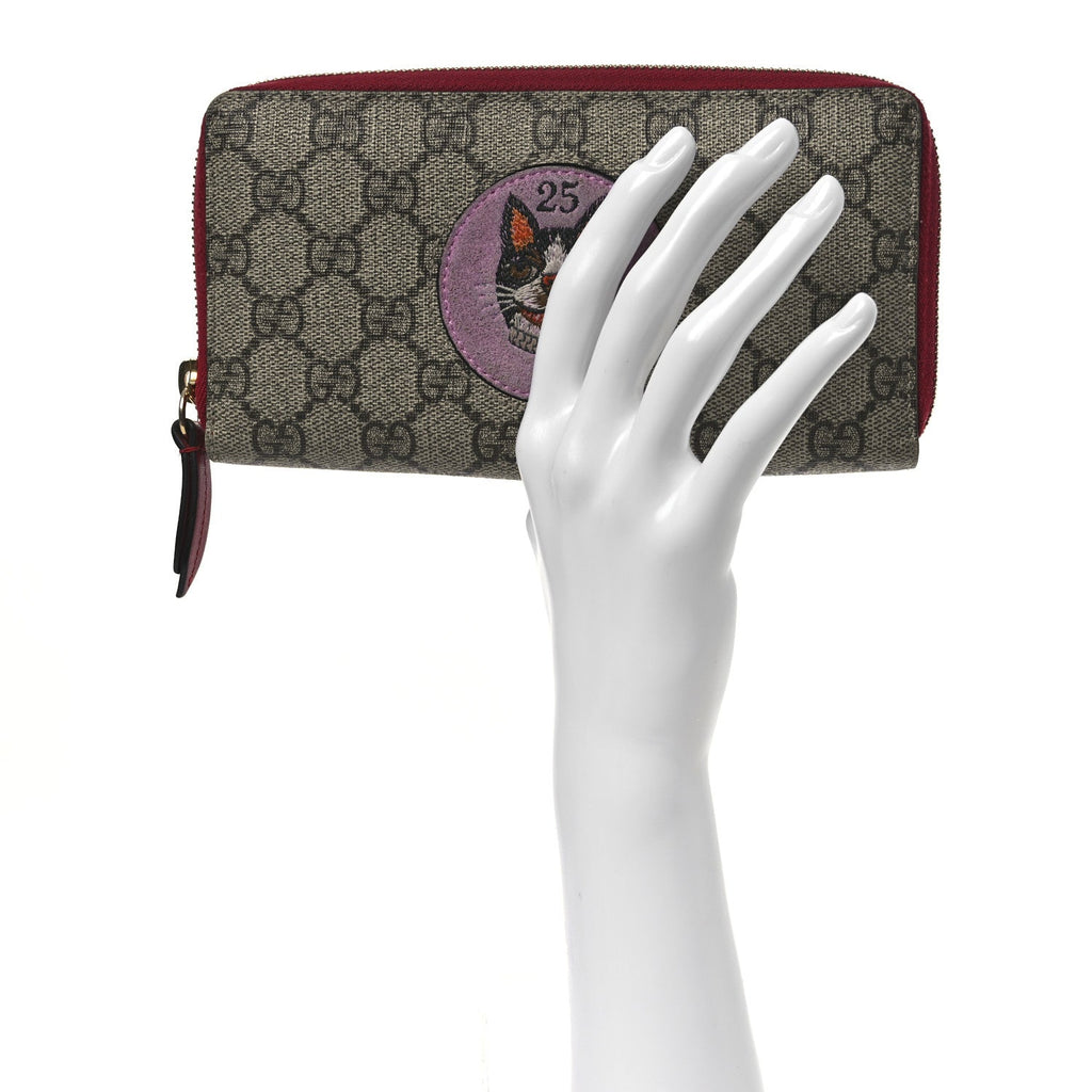 GG Supreme Monogram Bosco Patch Zip Around Wallet Beige Malva Hibiscus Red