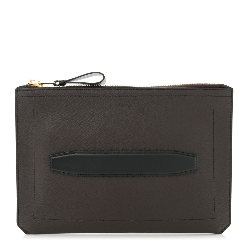 Grained Calfskin Portfolio Clutch With Handle Dark Brown Black