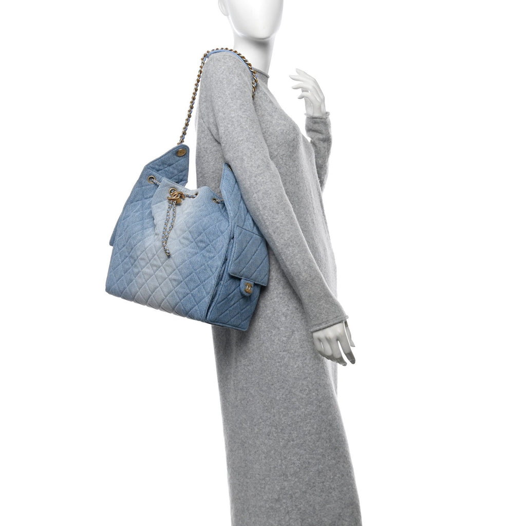 Washed Denim Quilted Medium Chanel 25 Handbag Blue