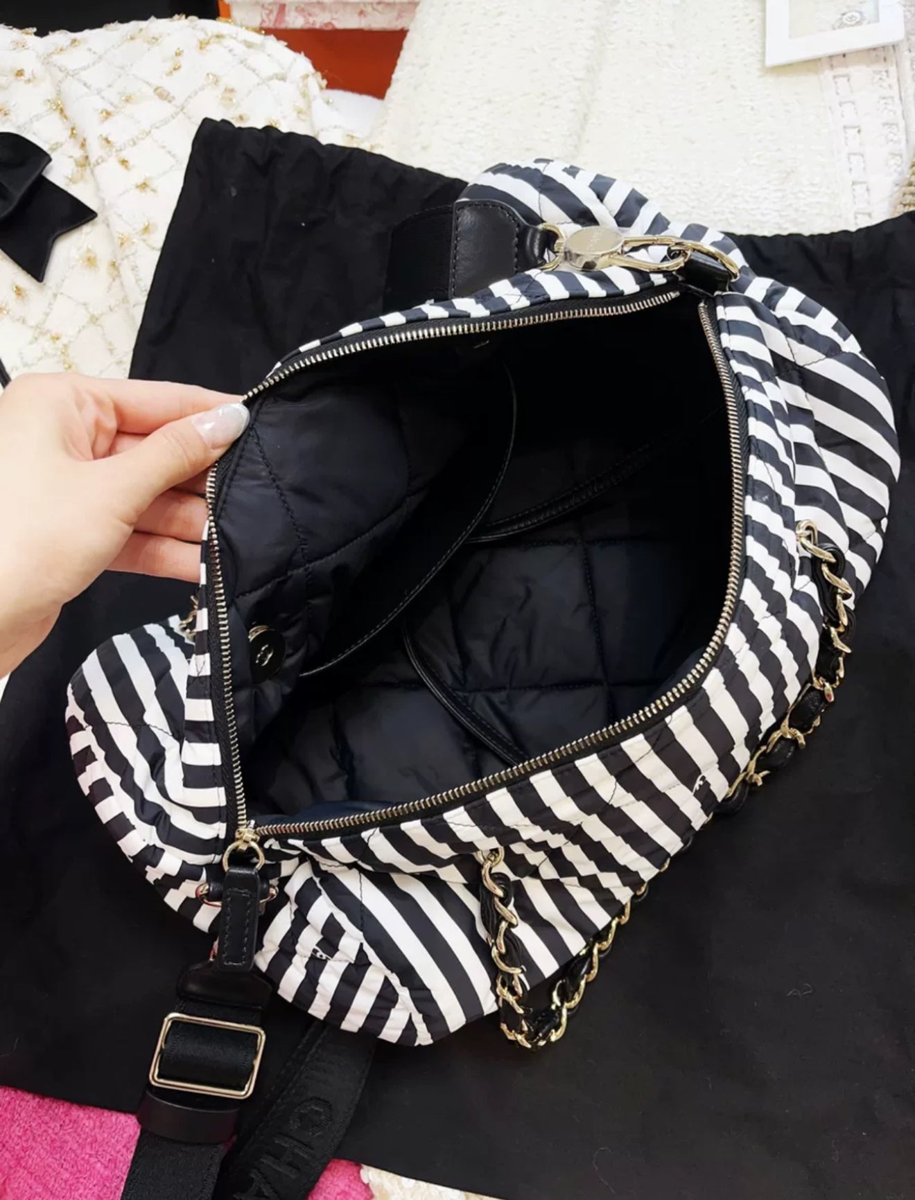 Chanel 24M coco beach black and white striped bowling bag