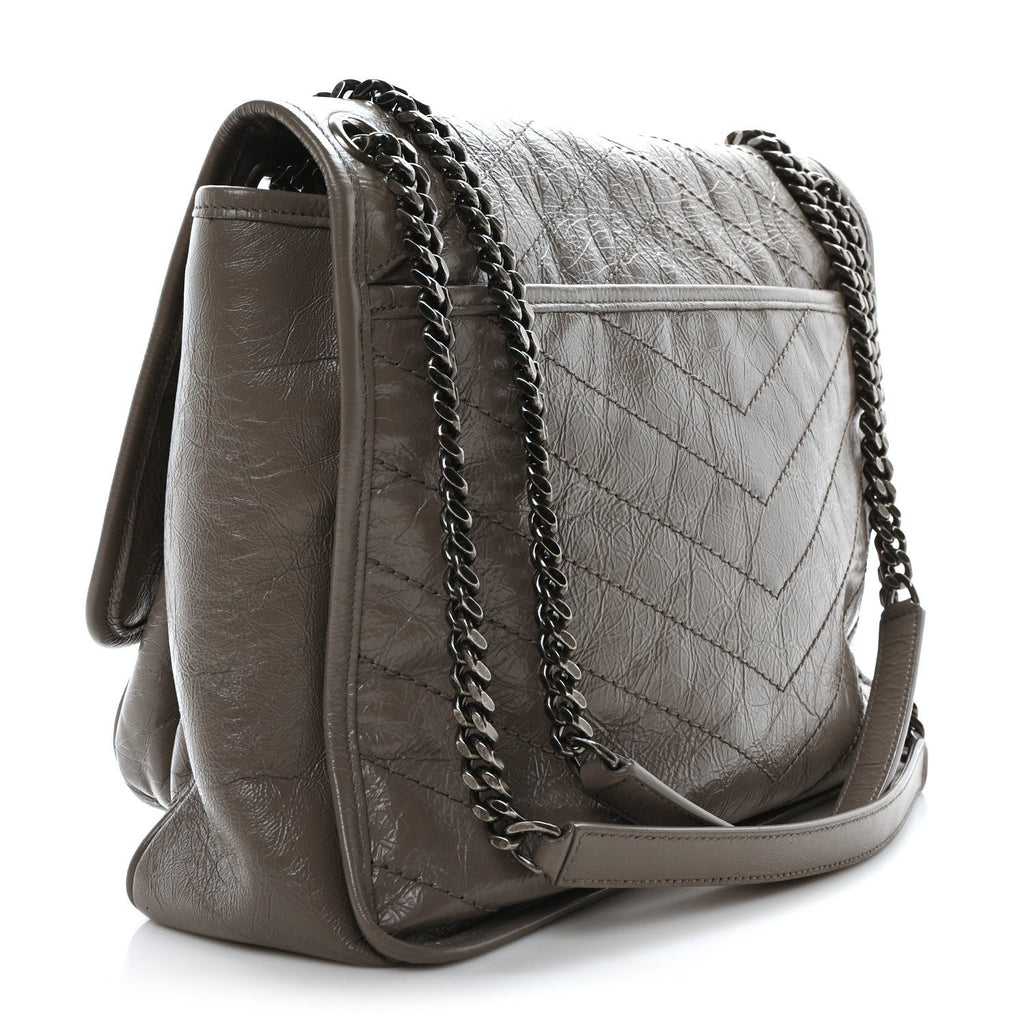 Crinkled Calfskin Matelasse Monogram Large Niki Chain Satchel Fog