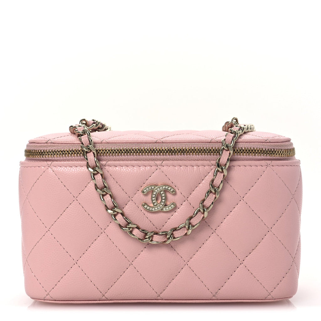 Caviar Quilted  Vanity Case With Chain Pink