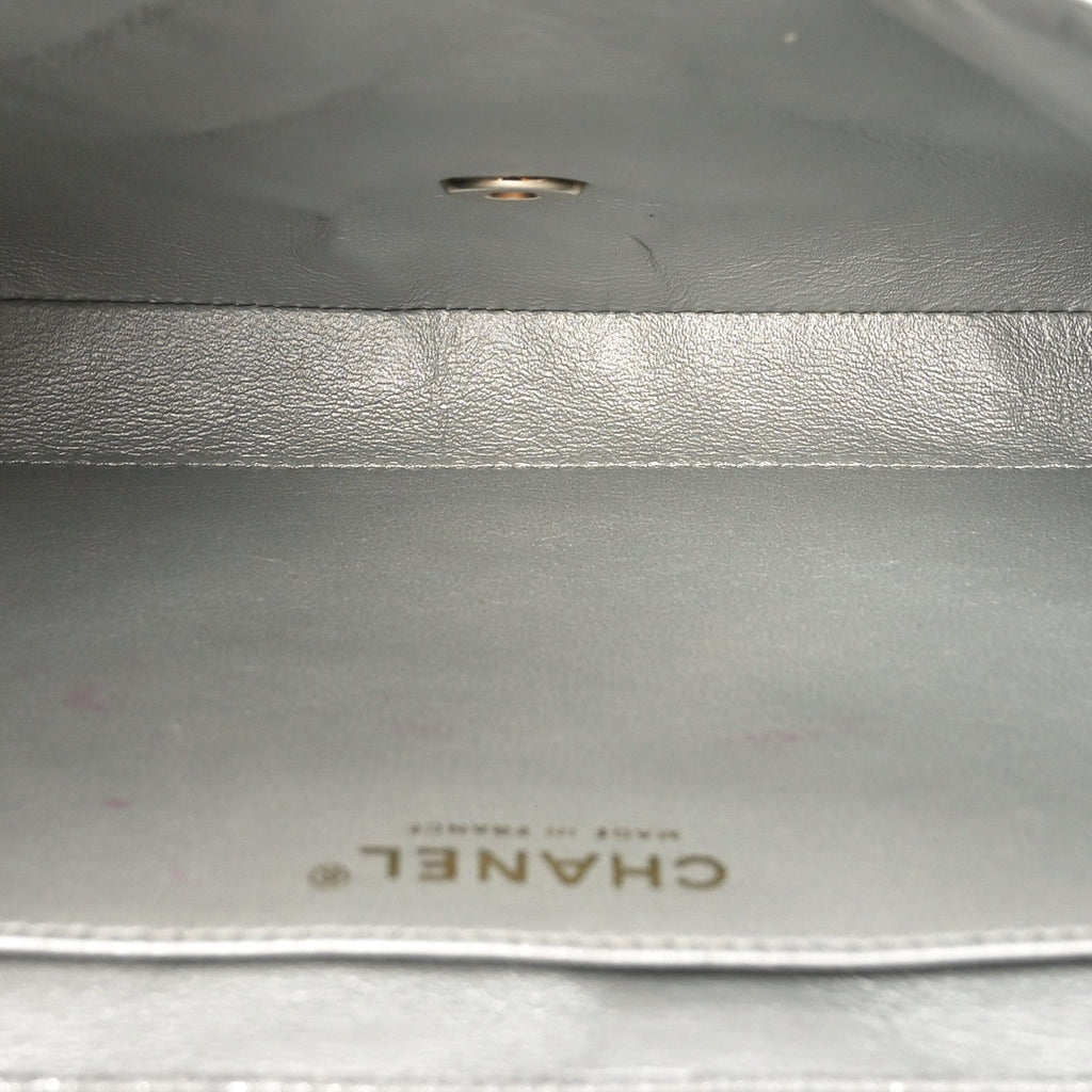 Iridescent Calfskin Quilted Clutch With Chain Flap Silver