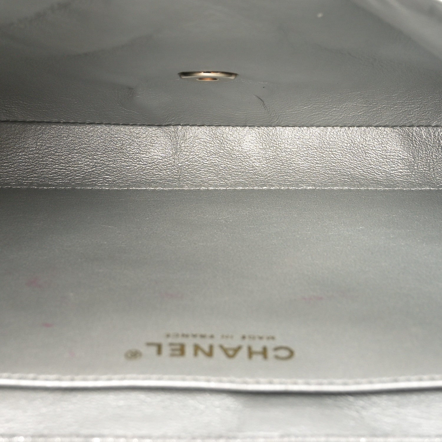 Iridescent Calfskin Quilted Clutch With Chain Flap Silver