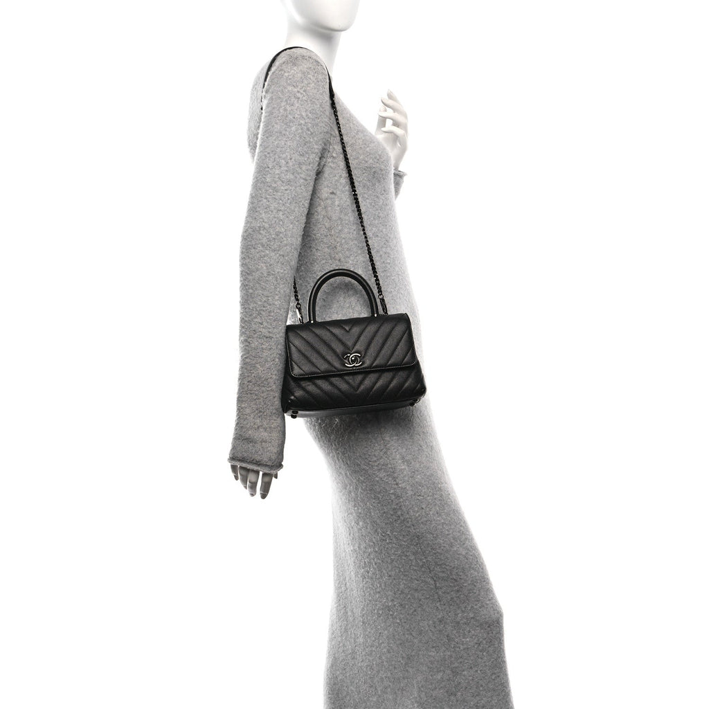 Caviar Chevron Quilted Mini Coco Handle Flap So Black