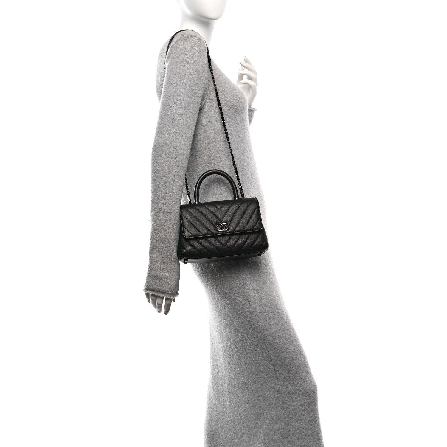 Caviar Chevron Quilted Mini Coco Handle Flap So Black