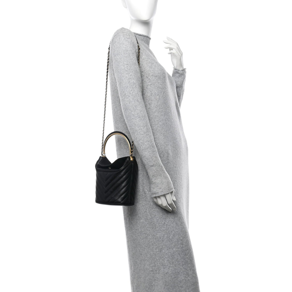 Lambskin Chevron Quilted Handle With Chic Bucket Bag Black