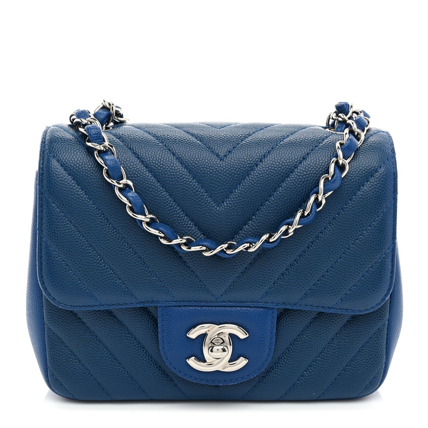 Caviar Chevron Quilted Mini Square Flap Blue