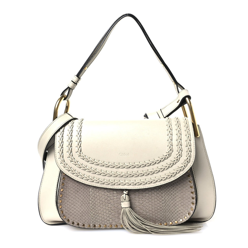 Calfskin Snakeskin Braided Medium Hudson Double Carry Shoulder Bag Beige