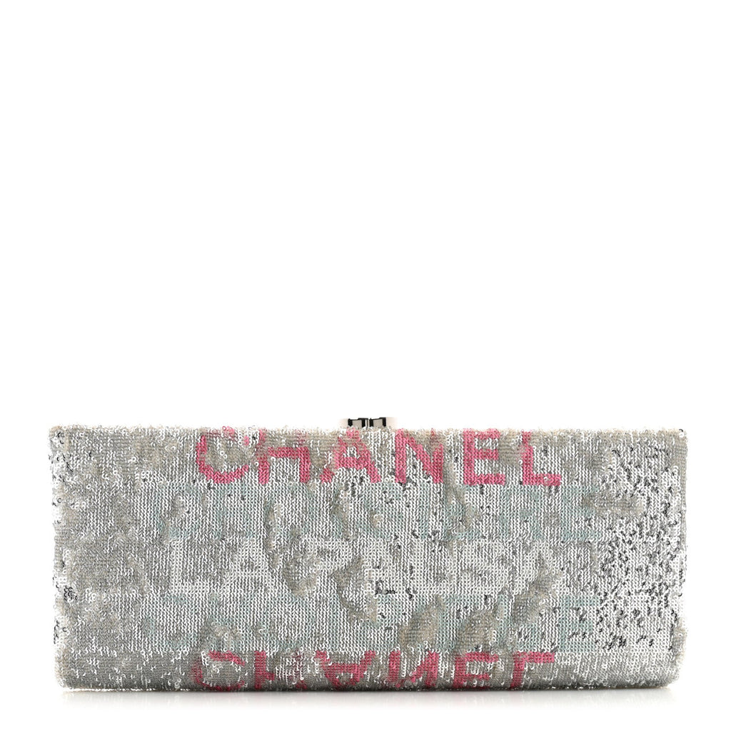 Sequin Satin Embroidered La Pausa Evening Clutch Silver Blue Pink