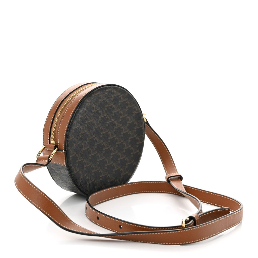 Triomphe Canvas Embroidered Logo Round Purse On Strap Black Tan