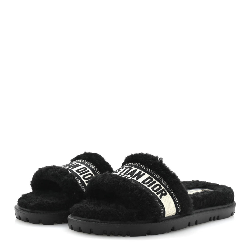 Shearling Canvas Lurex Embroidered Dway 10mm Slide Sandals 40 Black Natural