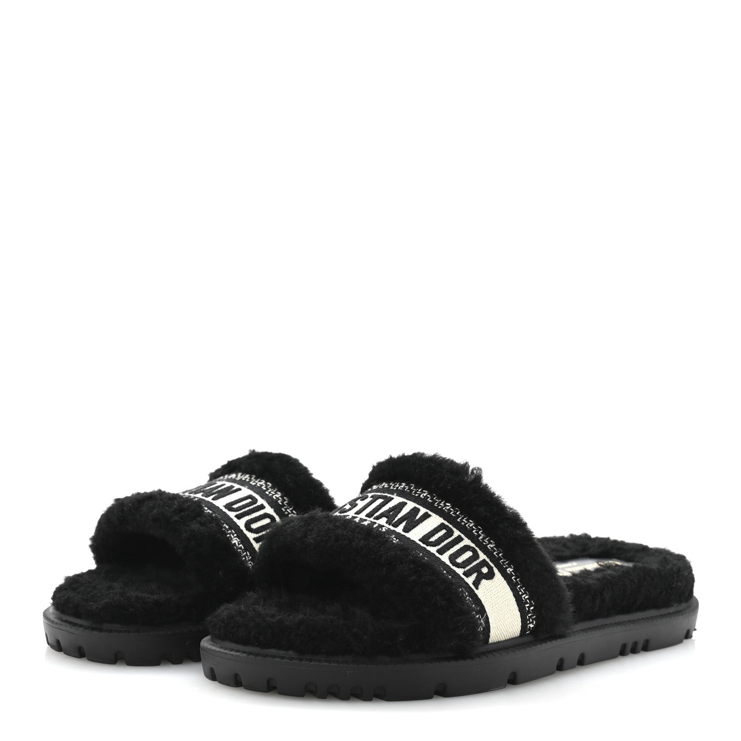 Shearling Canvas Lurex Embroidered Dway 10mm Slide Sandals 40 Black Natural