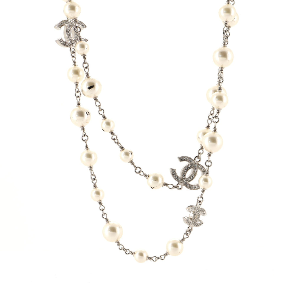 CC Long Necklace Faux Pearls and Crystal Embellished Metal