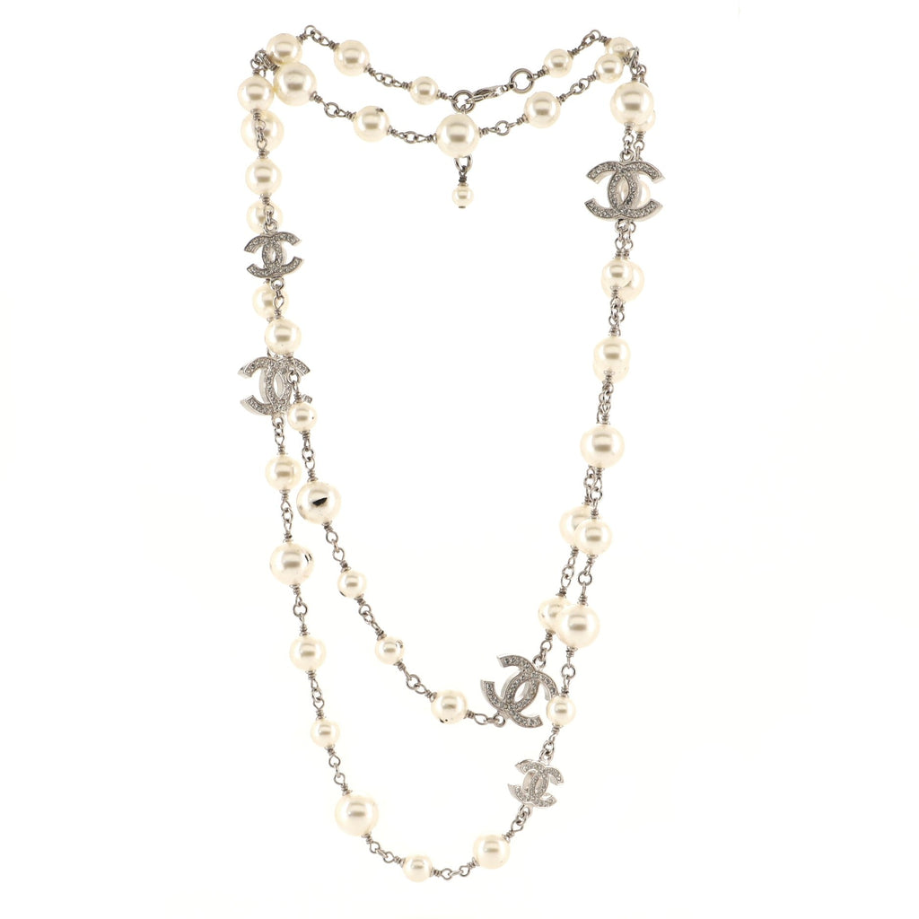 CC Long Necklace Faux Pearls and Crystal Embellished Metal