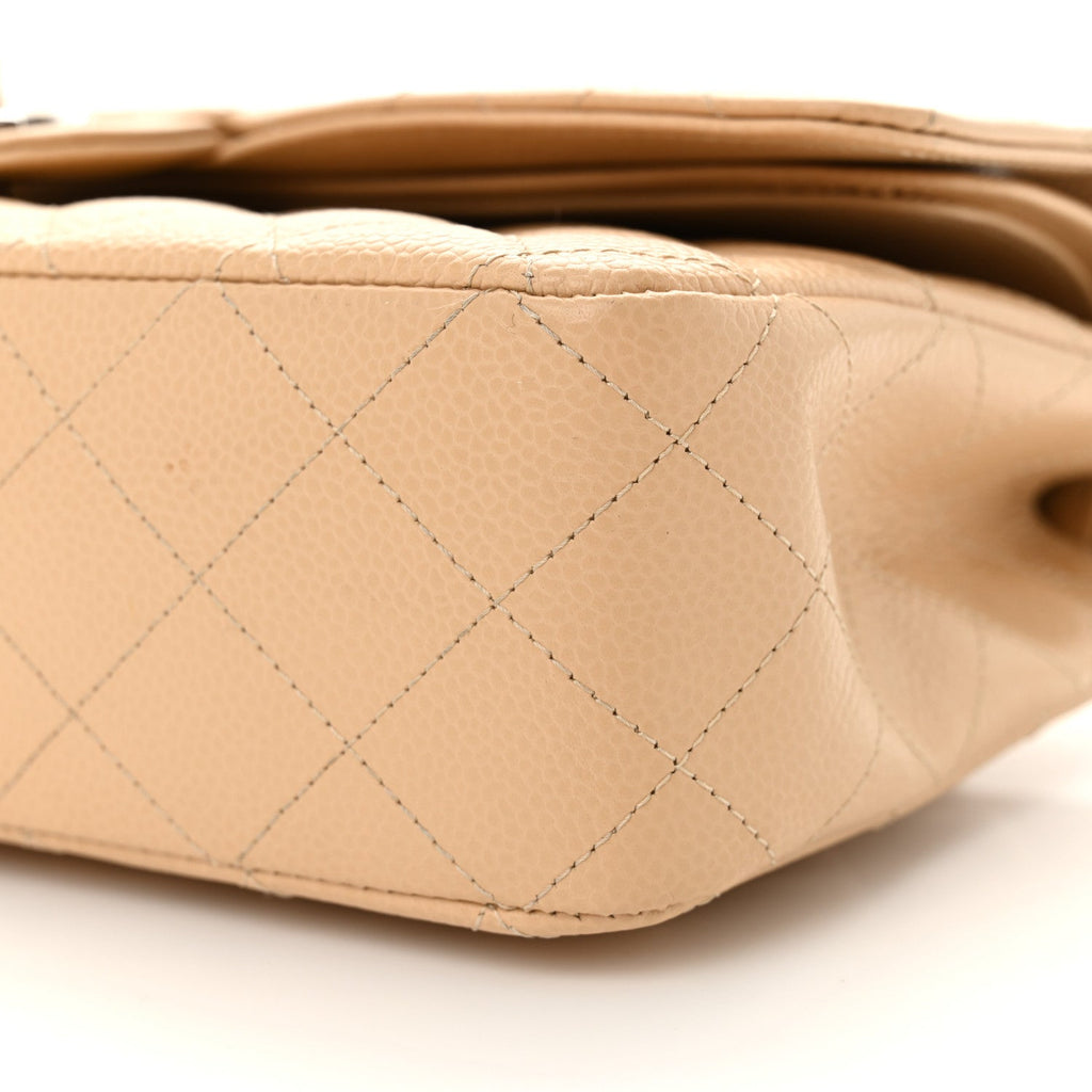 Caviar Quilted Medium Double Flap Beige