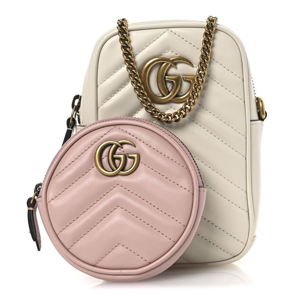 Calfskin Matelasse GG Marmont Mini Bag Coin Purse Mystic White Perfect Pink