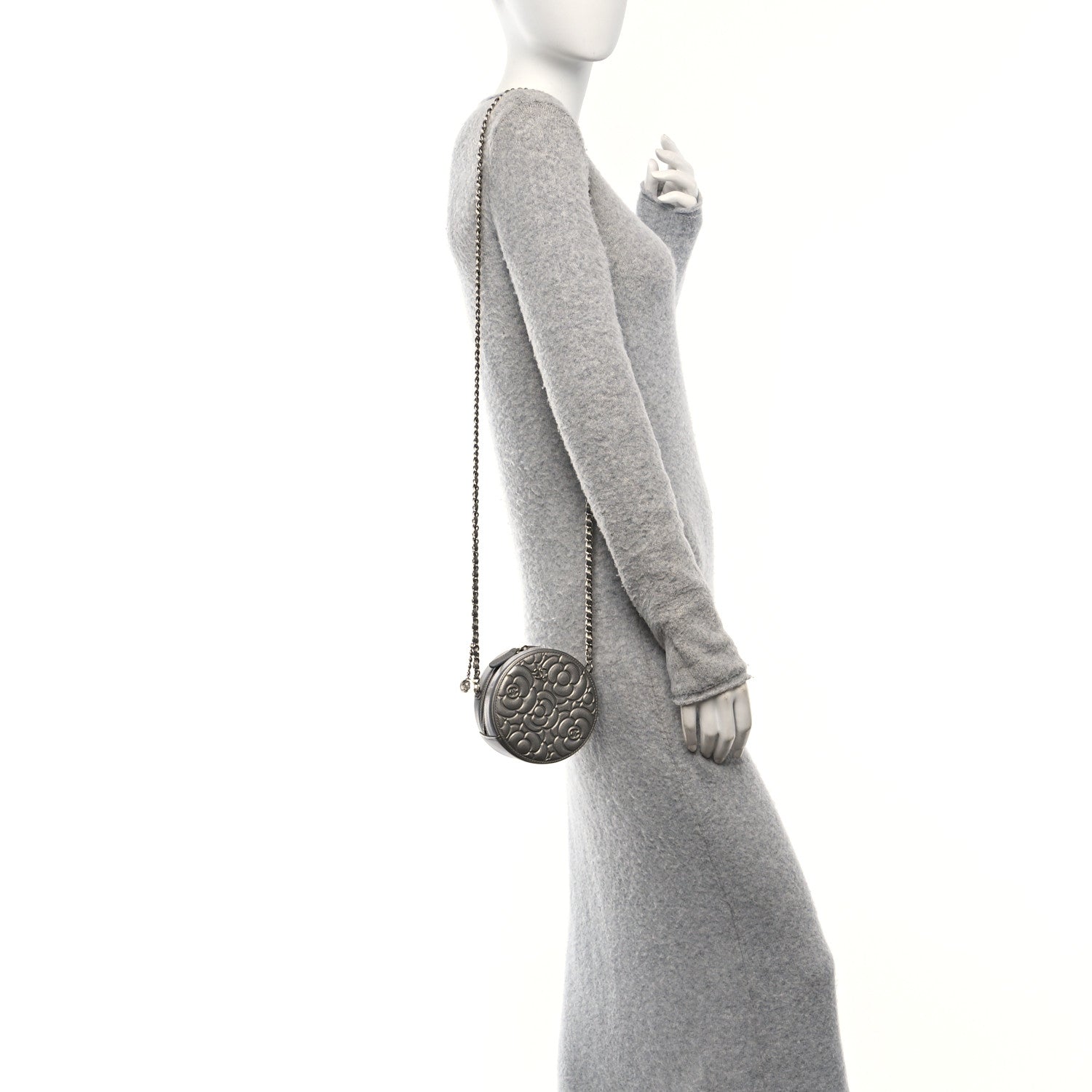 Goatskin Camellia Embossed Round Clutch With Chain Grey